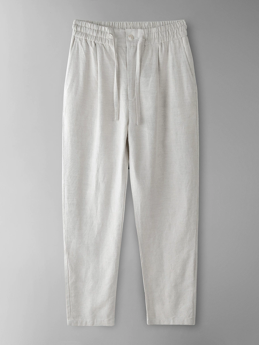 Демисезонные брюки, oversize, свободный прямой крой, эластичный пояс, шнурок, хлопок и лён