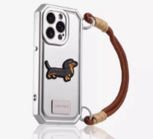 Cuerda de mano de nylon marrón perro salchicha negro-fondo plateado