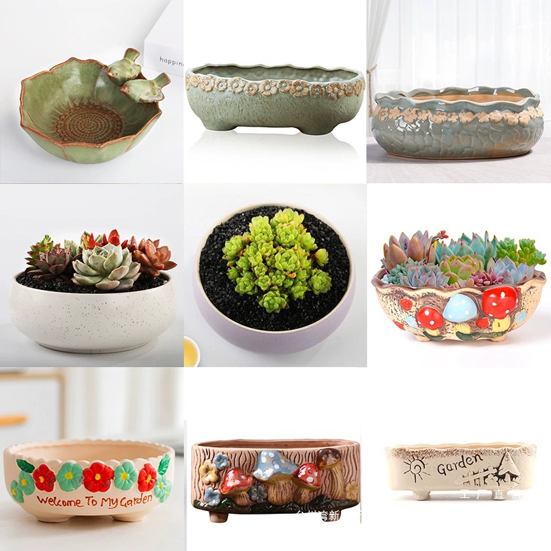 Простой поднос, суккулентный цветочный горшок, керамический, творческая личность, маленькая грубая керамика, дышащая, большого диаметра, новый интернет-знаменитость, оптовая продажа