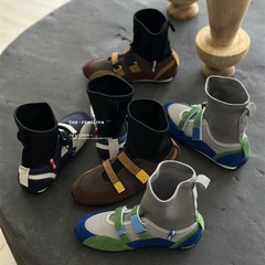 风莉雅小众设计浅口拼色复古风新款拼接针织短靴秋季女鞋平底袜靴