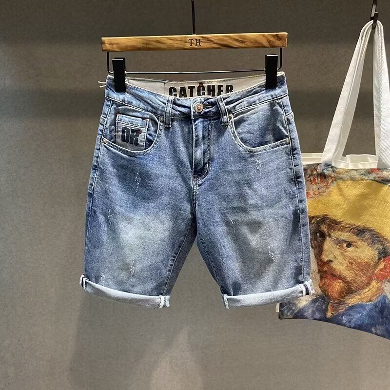 Slim-Fit-Denim-Shorts für Herren, hochwertiger Retro-Print im Washed-Style, Stretch, Fünf-Punkt-Länge, trendige Sommer-Freizeitshorts_voghion.com