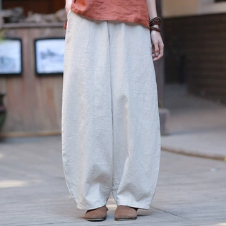 2026秋新品棉麻女装复古宽松大码纯色拼接苎麻瑜伽裤女士灯笼裤