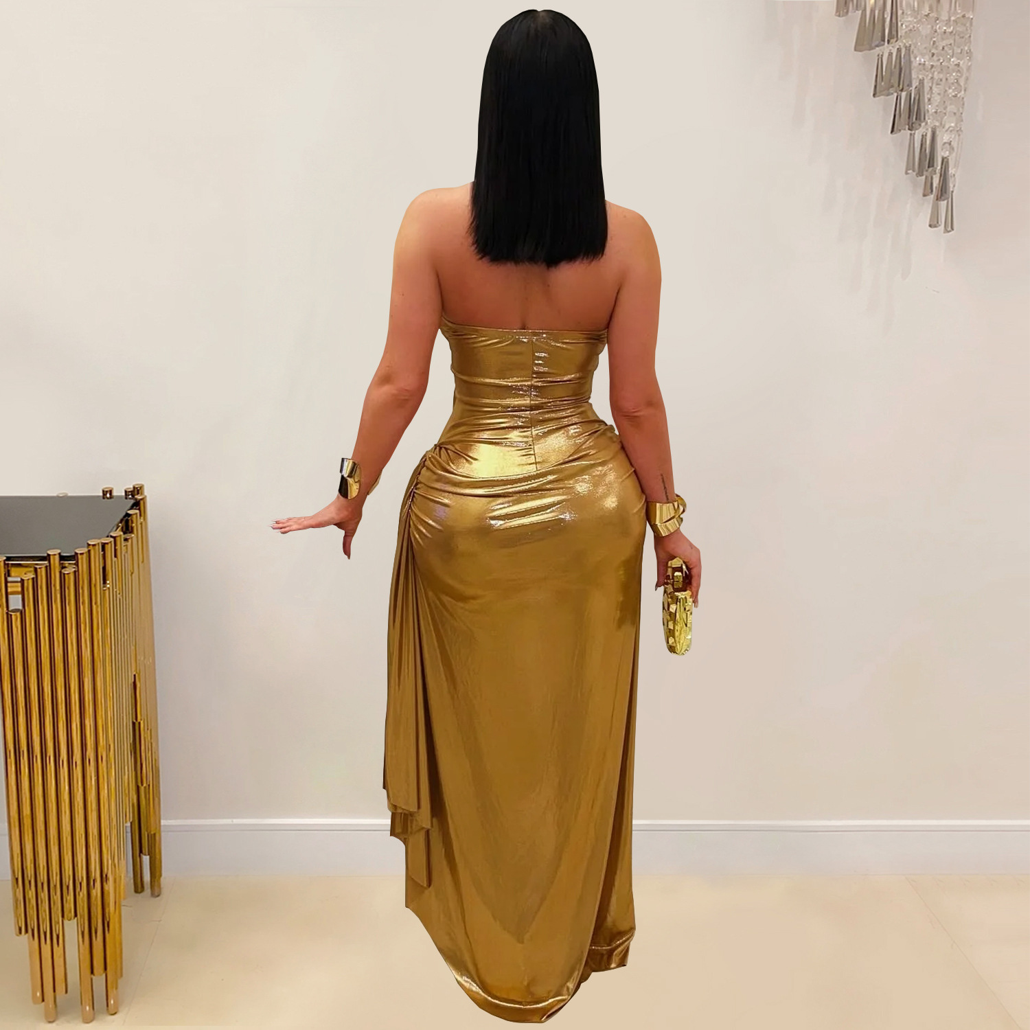 C7491 Aliexpress transfronterizo amazon ropa de moda europea y americana sexy cuello colgante chaîne de oro plegado vestido de brazo