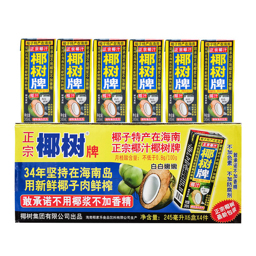 海南特产 椰树牌椰子汁植物蛋白饮料婚宴椰奶饮品 245ml*24纸盒装