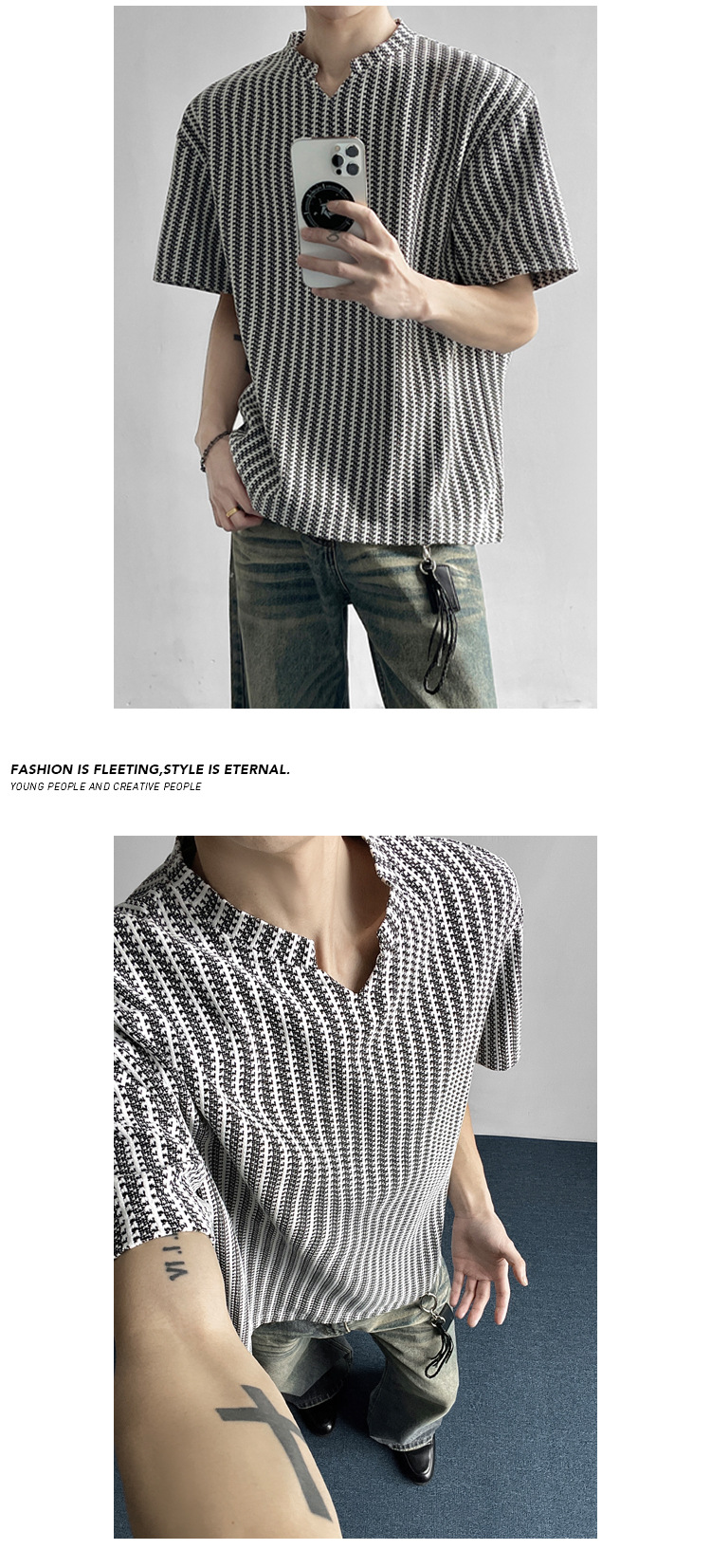 Herringbone Pattern V-neck T-shirt For Men Loose Fit Summer Style_voghion.com