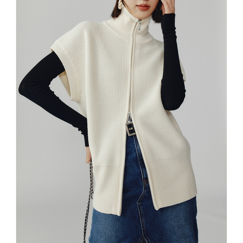 King of Layering Italian Air-Shipped Silk Wool Yarn Double-Zip Loose Vest Turtleneck Sweater