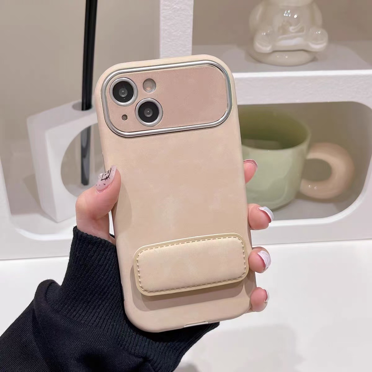 Soporte plegable de cuero piel beige-ventana grande rj