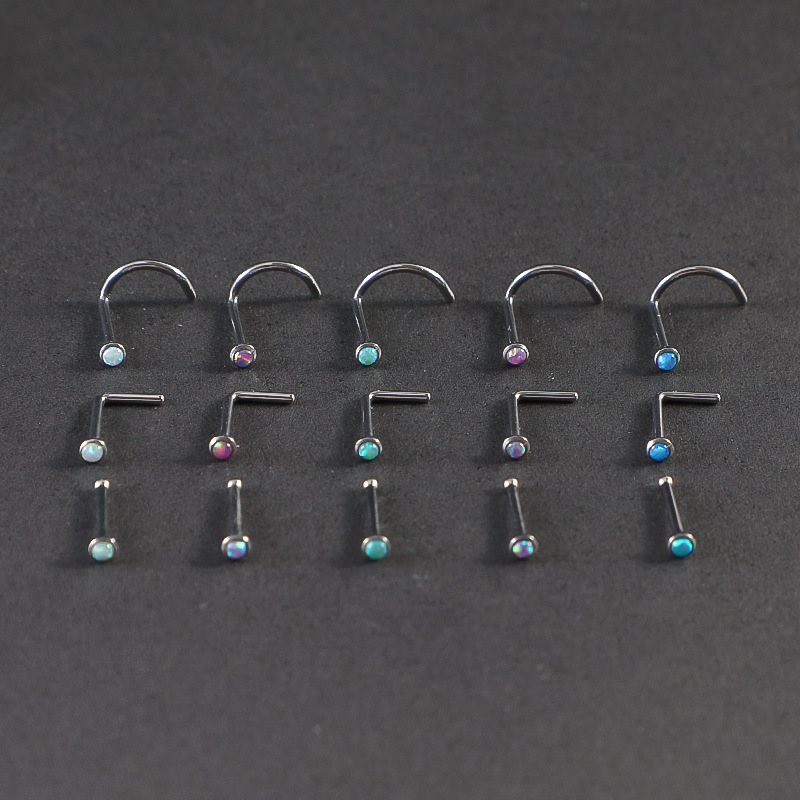F136 Pure Titanium Alloy Hook Opal Side Nose Body Piercing Jewelry Ear Stud 20G 0.8mm Thin Rod_voghion.com