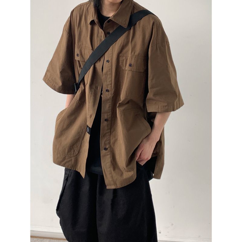 日系复古咖啡色工装短袖衬衫男女生夏季廓形百搭帅气半袖衬衣外套