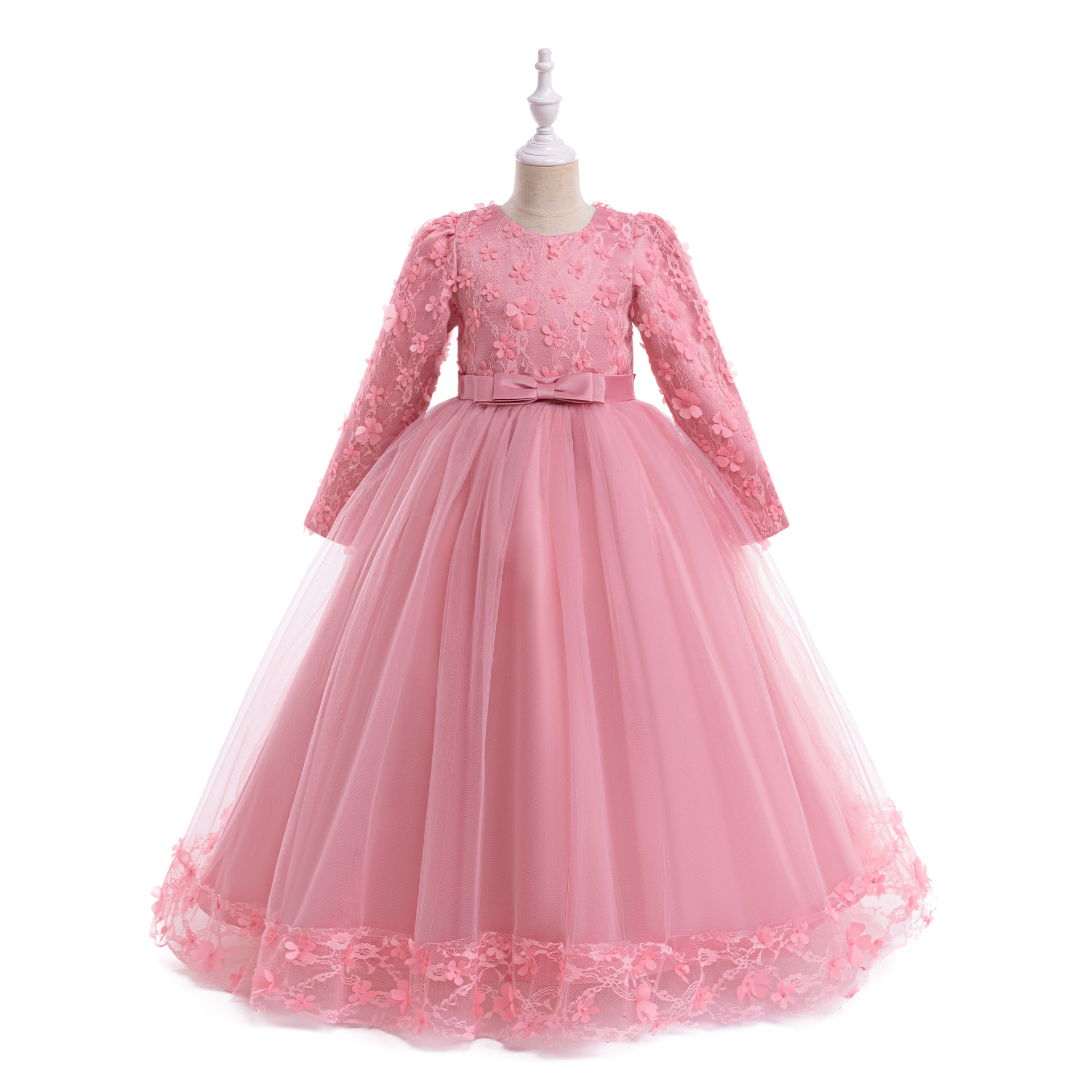 Nuevos vestidos para niños europeos y americanos, vestidos de princesa, vestidos de novia de flores de manga larga para niños grandes, faldas largas de tutú de malla