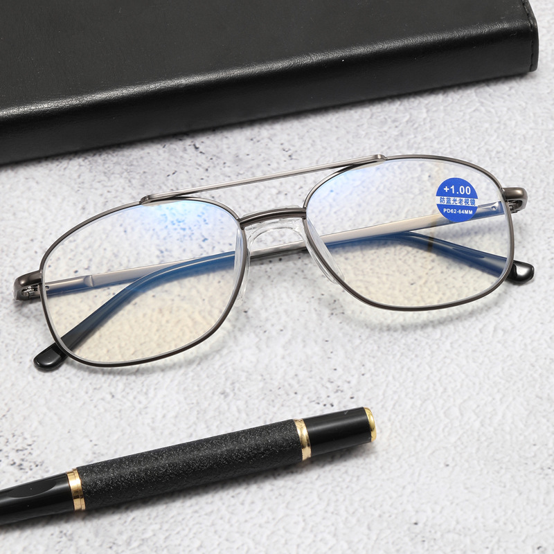 Retro Metal Men's Double Beam Large Frame Anti-blue Light Reading Glassesy Middle-aged And Elderly High-definition Reading Reading Glasses
