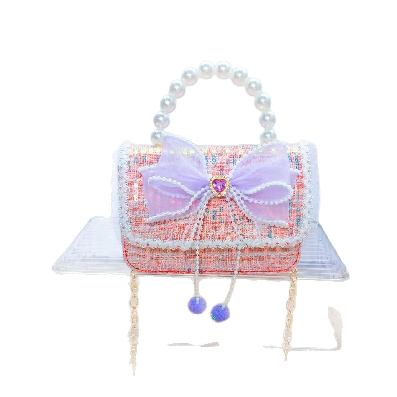 Bolso de la princesa de arco, bolso de mano de perlas, bolso de mano de cadena, bolso de Año Nuevo, bolso de Año Nuevo, regalo del Día de los Niños del 1 de junio