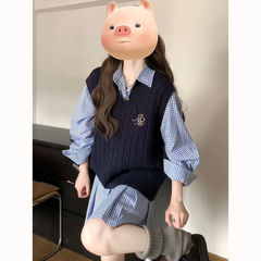 韓国版キャンパス風ストライプシャツワンピース女子学生ソフトモチモチニットベストベストベストベストセーター2点セット