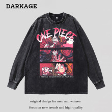跨境海贼王纯棉重磅圆领卫衣高街嘻哈oversize水洗做旧280G上衣