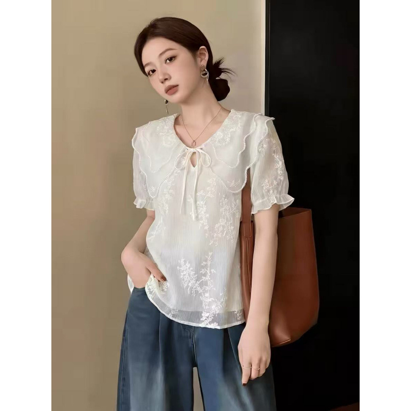 Doll Collar Lace Embroidered Chiffon Shirt for Women 2026 Summer New Style Beautiful Blouse Super Nice Top