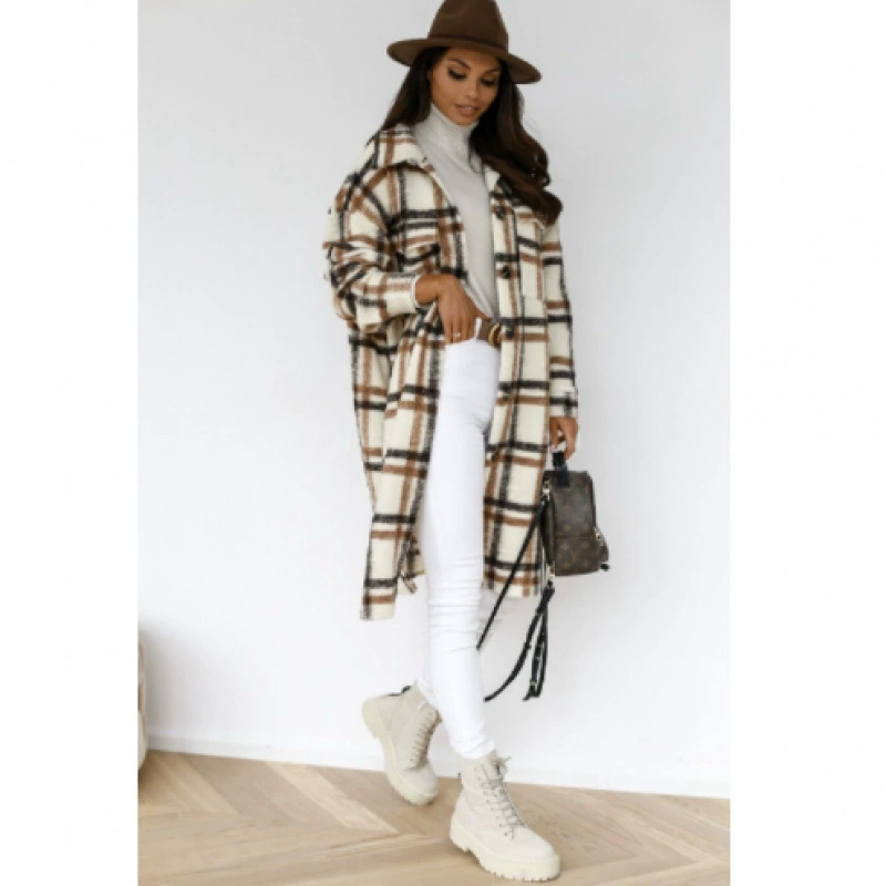 2022 трансграничная европейская и американская Amazon весна и осень новая женская рубашка средней длины с длинными рукавами и клетчатым принтом, женская мода