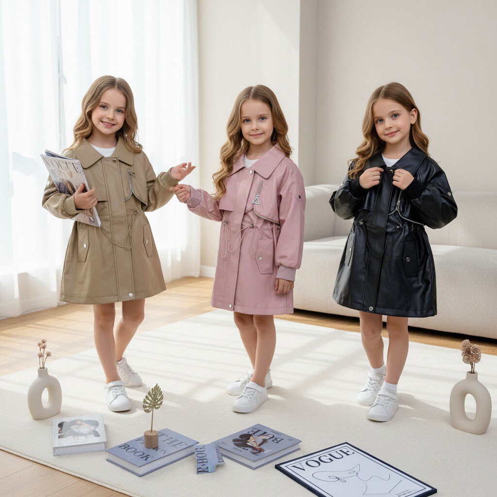New Stylish Ins-Style Girls' Leather Trench Coat, Trendy Spring and Autumn Soft Leather Jacket for Children, Cross-Border Hot Sale in Stock
