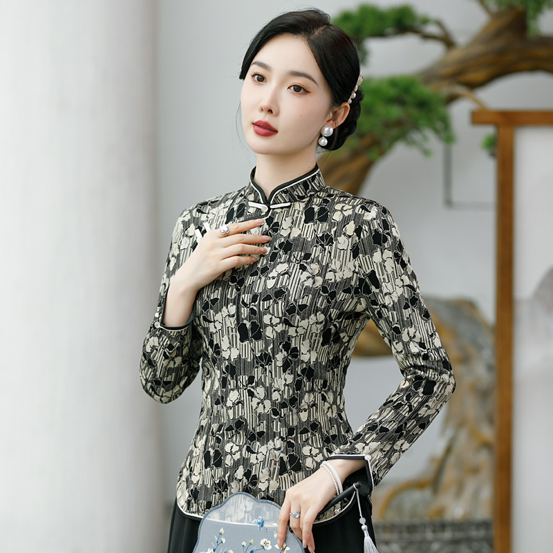 中高年の女性春秋長袖tシャツの新型民族風プリントの高級チャイナドレスの上着のお母さんは復古の小さいシャツを詰めます。|undefined