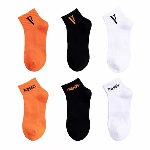 European and American black orange large V boat socks, spring and summer cotton socks, short socks, fashionable trend sports socks, streetwear hip-hop skateboard socks