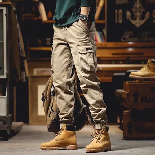 Workwear Pants for Men - Spring and Autumn Season Durable Small Leg Gaiter Pants, American Retro Style, Multiple Pockets, Outdoor Casual Long Pants