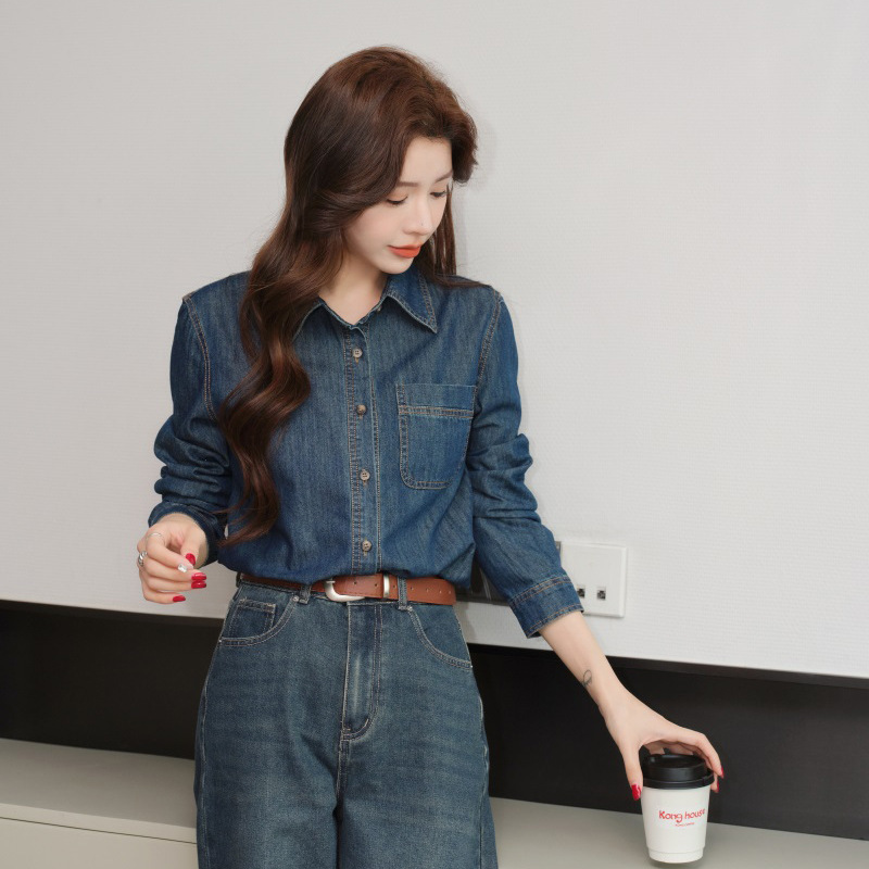 实拍叠穿内搭复古港风衬衣外套女2025春季长袖牛仔衬衫上衣设计感