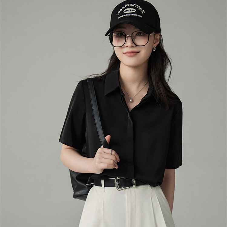 2025 여성용 쉬폰 셔츠, 우아하고 슬림한 폴로 칼라 반팔 셔츠, 입체 패턴 아세테이트 원단