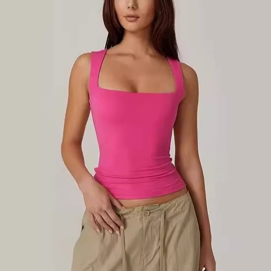 2025 Amazon Summer Women's Square Neck Sleeveless Double Layer Tank Top Basic Tight T-Shirt Black Fashion Versatile 2025 Amazon Summer Women's Square Neck Sleeveless Double Layer Tank Top Basic Tight T-Shirt Black Fashion Versatile