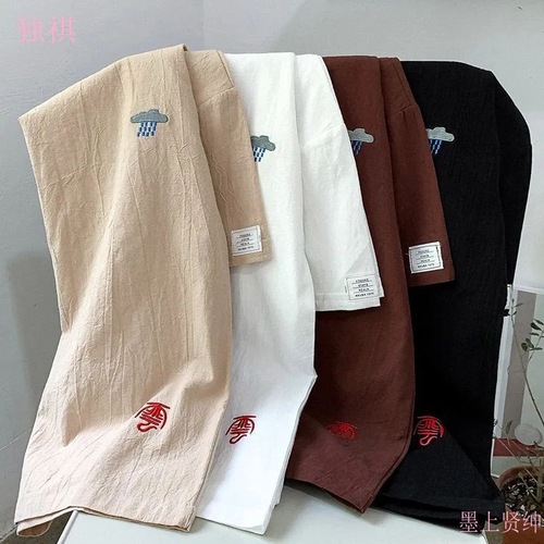 Linen Short-Sleeve T-Shirt for Men - Summer Round Neck Trendy Loose T-Shirt Top Thin Half-Sleeve Cotton Linen Embroidered Shirt