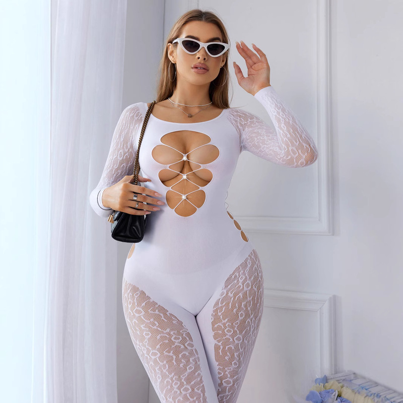 European and American Cross-Border 2025 New Summer Women's Long-Sleeved Pearl See-Through Cut Out Slim Sexy Fashion Jumpsuit for Women