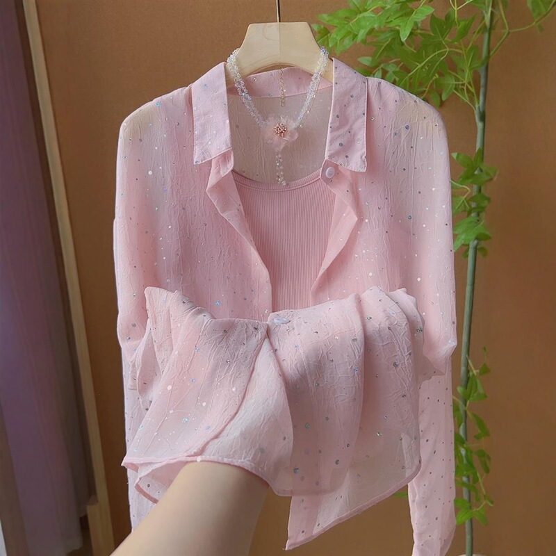 Scissor Stone Gold Foil Sunscreen Shirt French Sweet Style Sequin Sunscreen Thin Shirt for Women Summer Casual Loose Versatile Top
