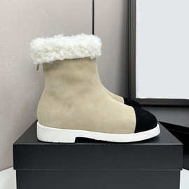 2025秋冬新款时尚拼色粗跟后拉链毛毛短靴女法式百搭保暖雪地靴女