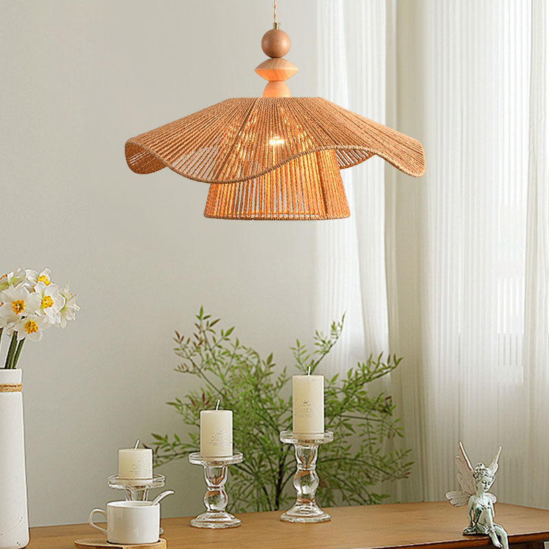 Lámpara del restaurante japonés, viento tranquilo retro dormitorio, lámpara de sombrero de paja, lámpara de cuerda de lino de papel tejida a mano simple