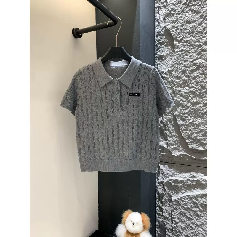 White polo shirt, knitted short-sleeve top for women, summer ice silk Korean style, color-blocking, slimming, turn-down collar shirt
