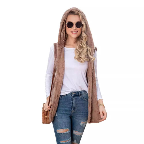 Amazon eBay 2025 Autumn/Winter New Bestselling Long-Length European and American Solid Color Hooded Vest Plush Jacket Women's