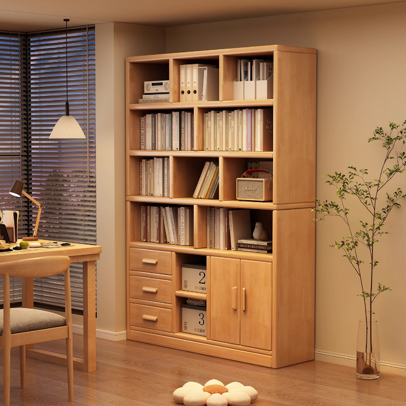 Solid Wood Bookcase Storage Rack Integrated Floor-To-Ceiling Living Room Bookshelf with Cabinet Door Home Cabinet Picture Book Storage Cabinet Storage Cabinet