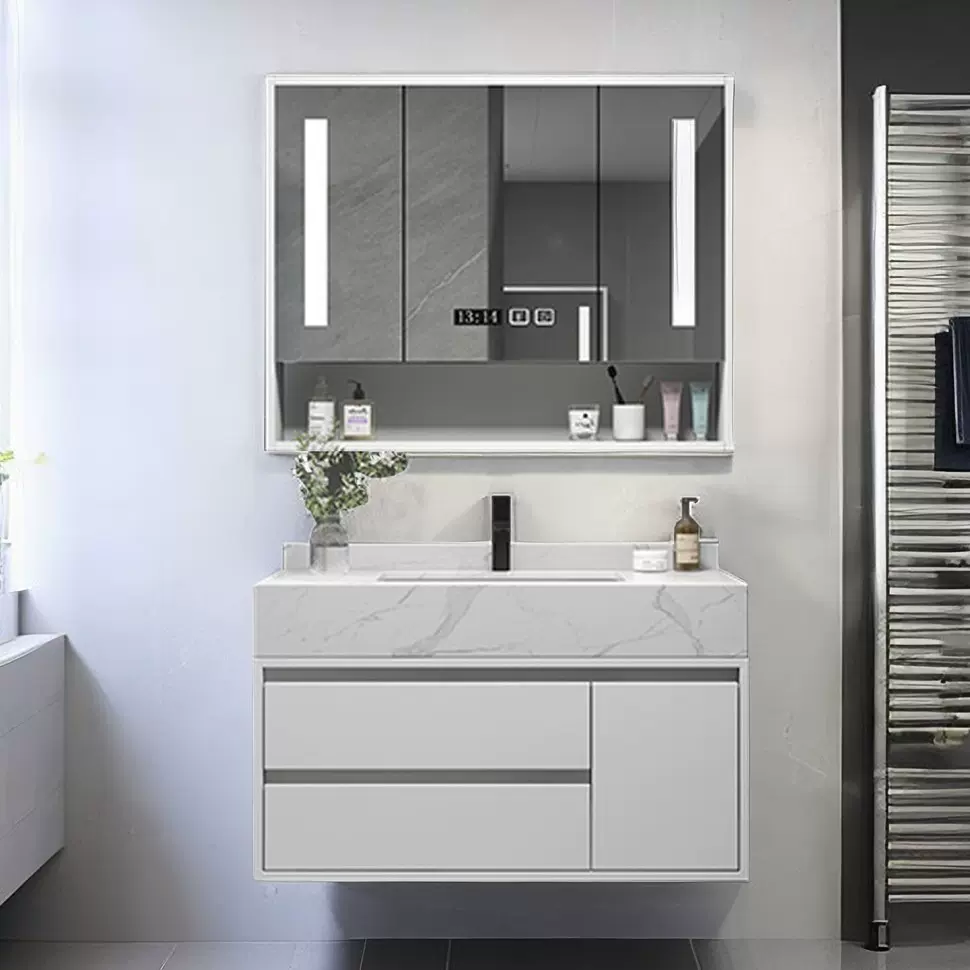 大理石洗脸洗手盆智能镜柜组合简约卫生间洗漱台实木浴室柜