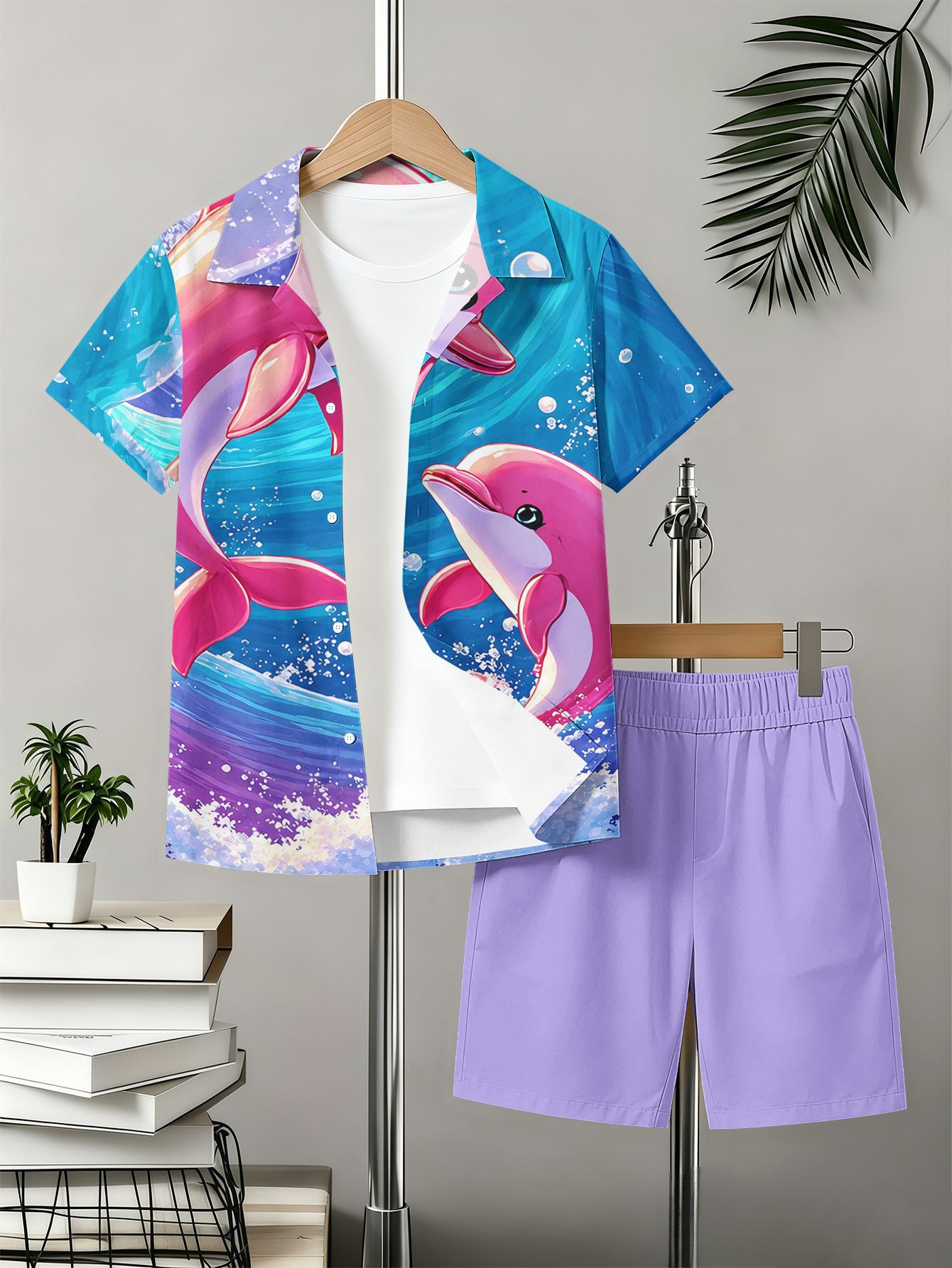 Boys Collared Shirt And Shorts Set With 3d Pattern Print_voghion.com