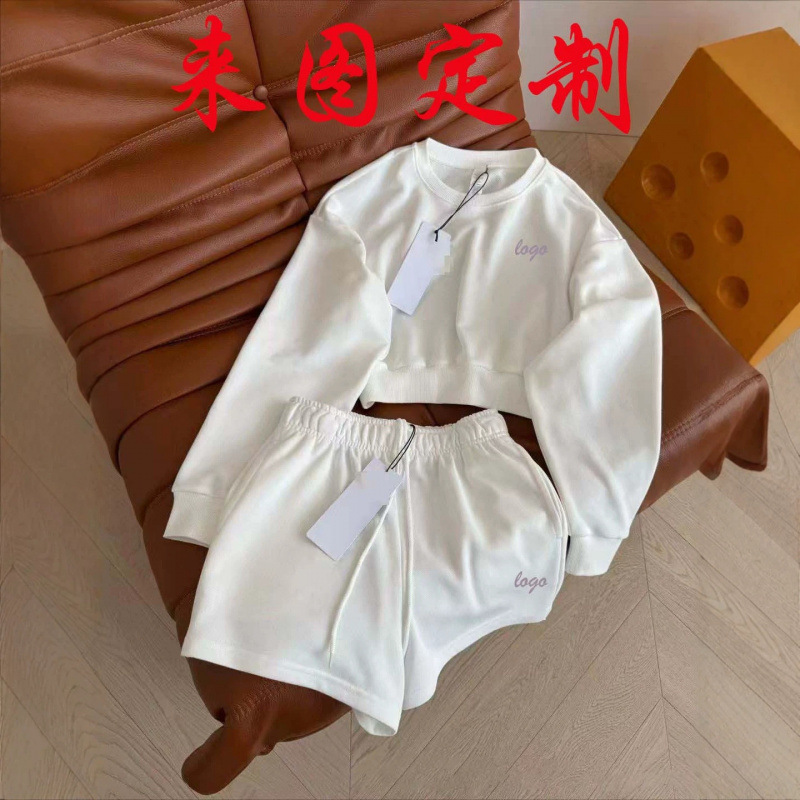 26跨境春夏季印花女装新款 圆领短款印花卫衣+松紧腰短裤运动套装