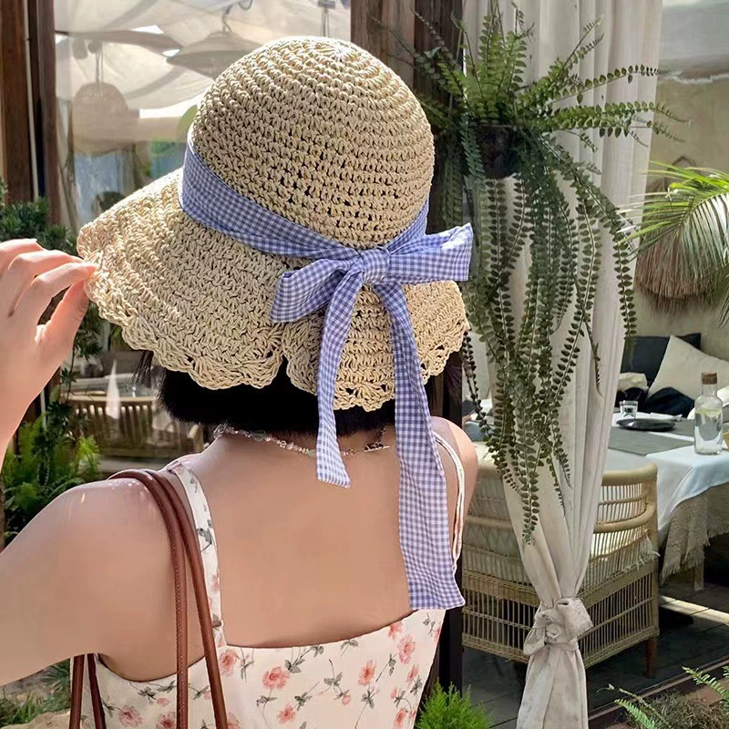 Straw summer beach hat with bow solar-powered, sun protection, beach style