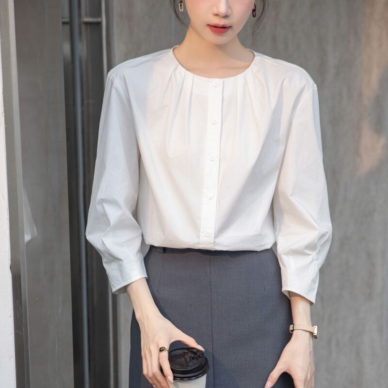 French-Style Lantern White Design High-End Shirt New Loose-Fitting Stylish Shirt Round Neck Bubble Top Without
