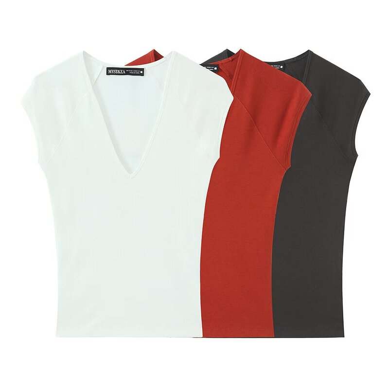 Taop&Za Women's Clothing 2026 Summer New Style Multi-Color Slim Fit Casual Sleeveless V-Neck T-Shirt 23351 Taop&Za Women's Clothing 2026 Summer New Style Multi-Color Slim Fit Casual Sleeveless V-Neck T-Shirt 23351