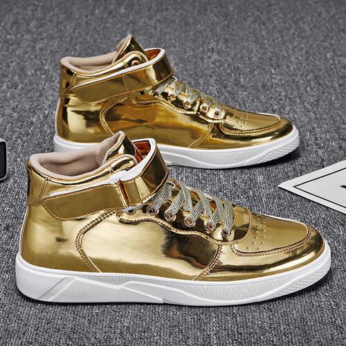 International Trade Men's Shoes  Patent Leather Mirror Surface Spring and Autumn New Mid-Top Board Shoes Men's Shoes Gold Large Size 38-48