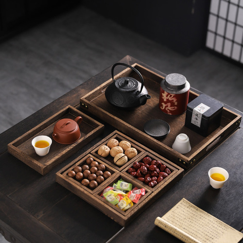 Warming-up Tea and Snacks Tray with Zen-style Natural Wood, Chinese-style Pastries and Snacks Plate, Exquisite Dry Fruits, Nuts, Desserts, and Fruit Snack Plate