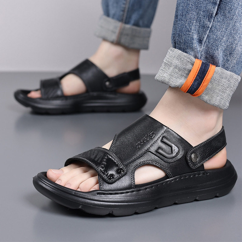 Dép sandal nam da bò lớp đầu hở ngón đế xốp gót 2,5 cm — Màu nâu, màu đen
