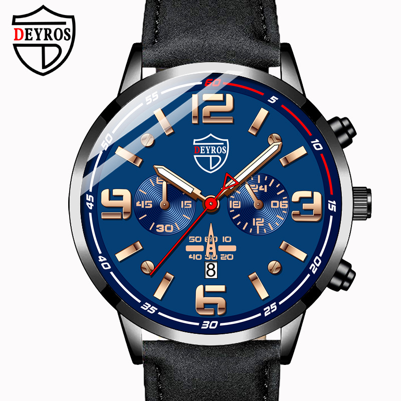 DEYROS Men's Watch Cross-border Explosions Fashion High-end Leather Quartz Watch Men's Calendar Watch Student Luminous Men's Watch
