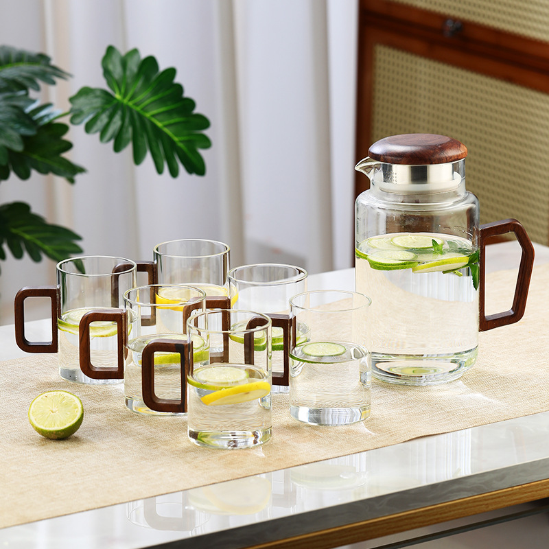 Botella de agua fría de vidrio, taza de agua, olla fría de madera de vidrio para el hogar, olla de té retro resistente al calor, taza de té, juego de agua image 13
