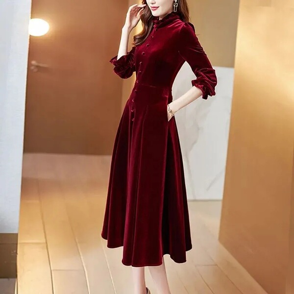 Elite elegant burgundy velvet spring autumn evening dress