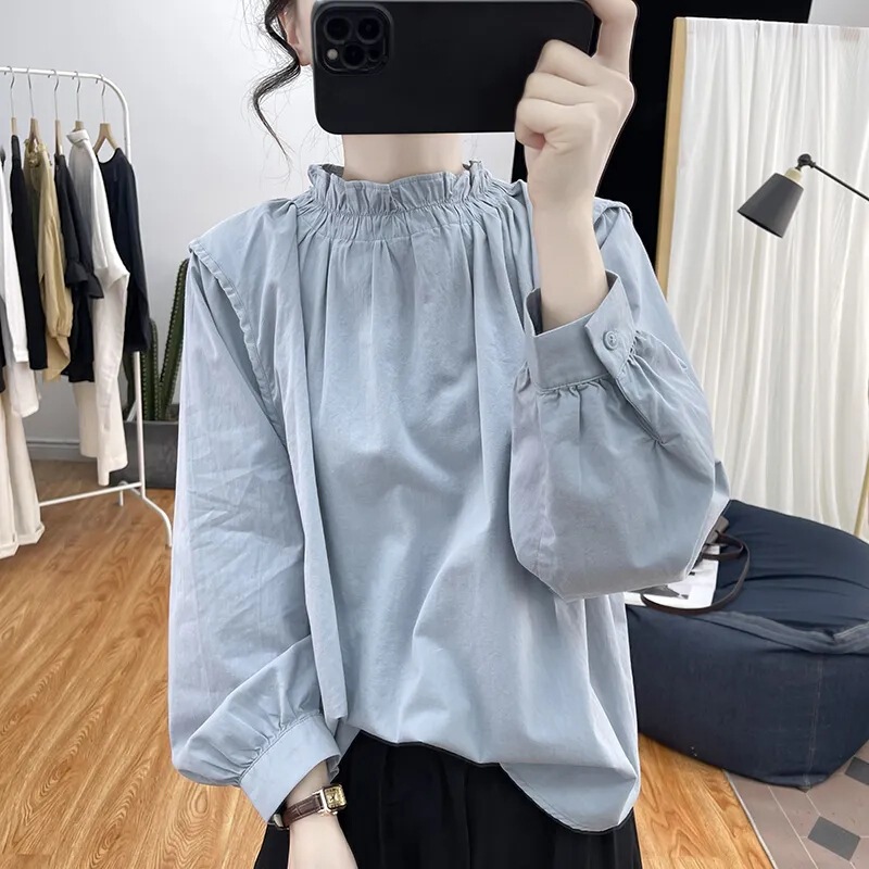 Spring and Summer Lotus Collar Lantern Sleeve Cotton Linen Long-sleeved Women's Age-reducing Top New Retro Pullover Loose Meat-covered T-shirt