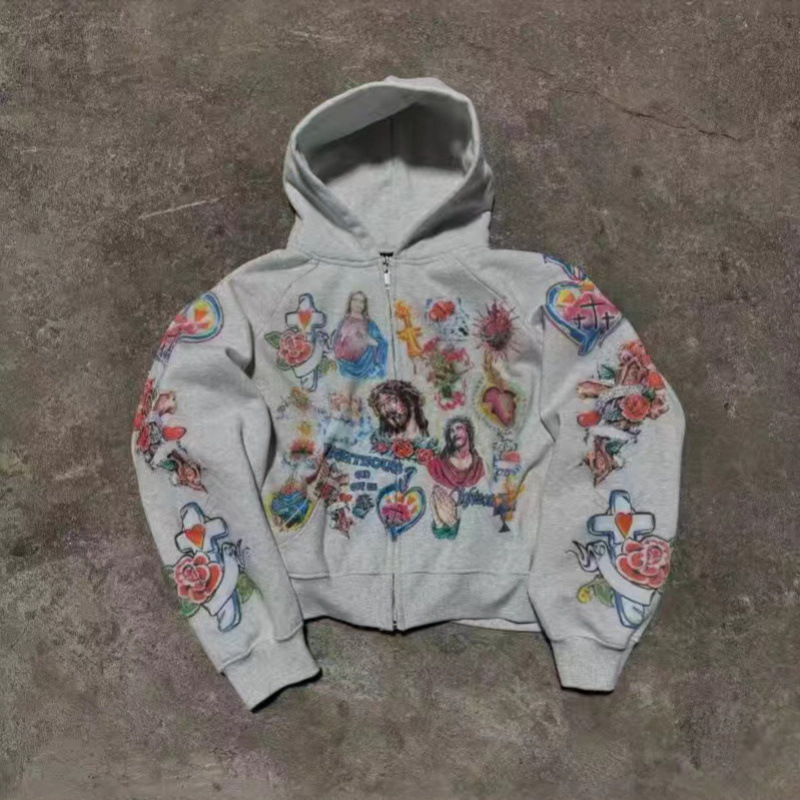 Felpa con cappuccio e cerniera, casual, ampia e comoda, con stampa di cartoni animati, da uomo, per donne e adolescenti._voghion.com