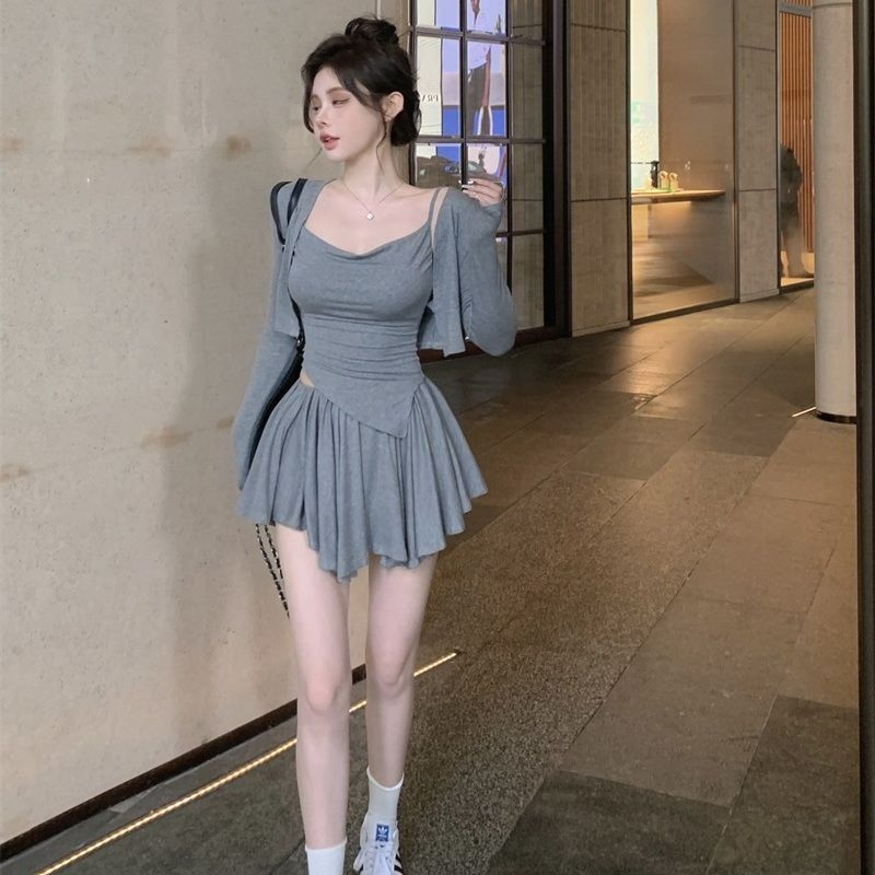 Pure Desire Camisole Women's Summer Wear Complete Set Sunscreen Cardigan Waistcoat Short Skirt Three-Piece Set